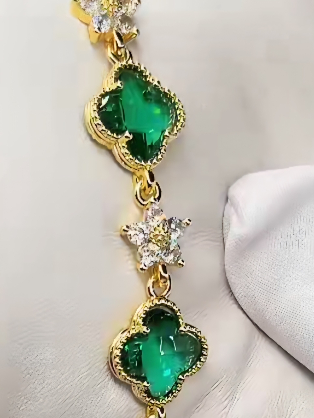 14k Gold Filled Green Clover-Link Bracelet with Emerald Glass Accents